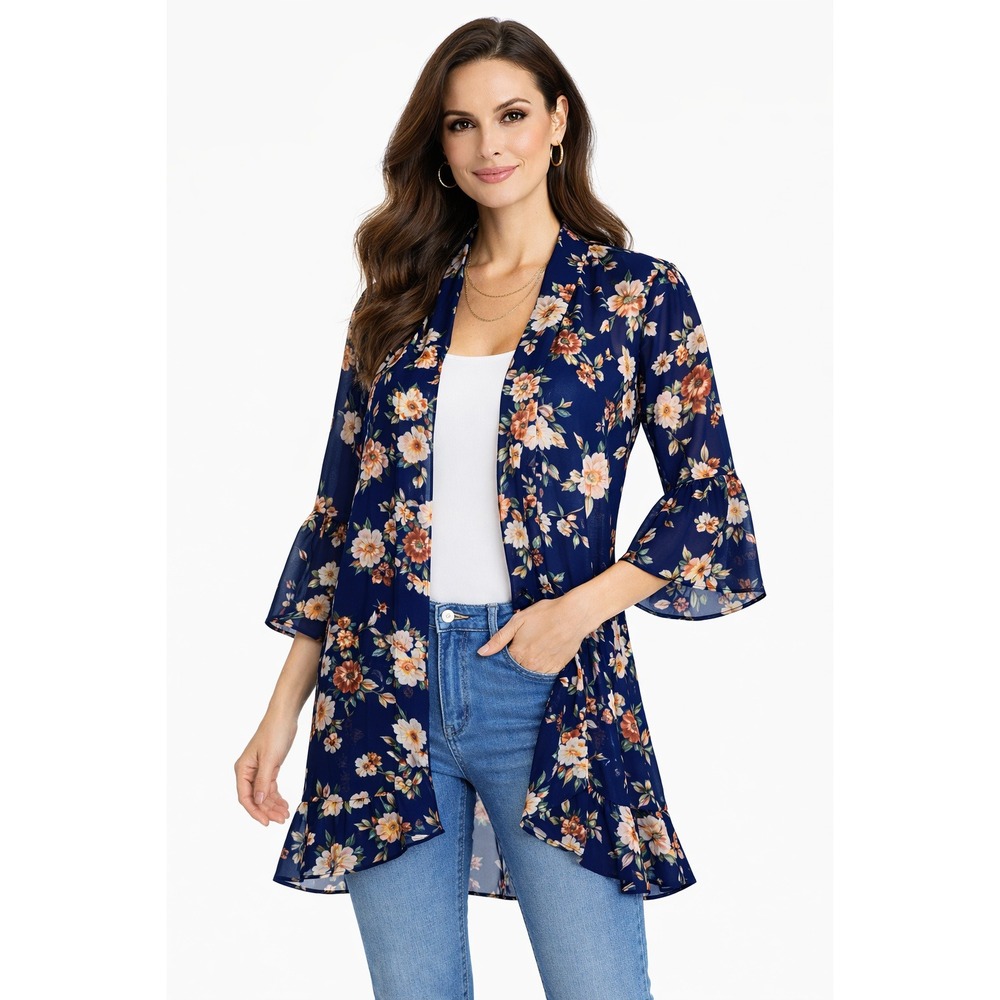 Entro Floral Print‎ Kimono Jacket Navy Blue Bell Sleeve Ruffle Women's M